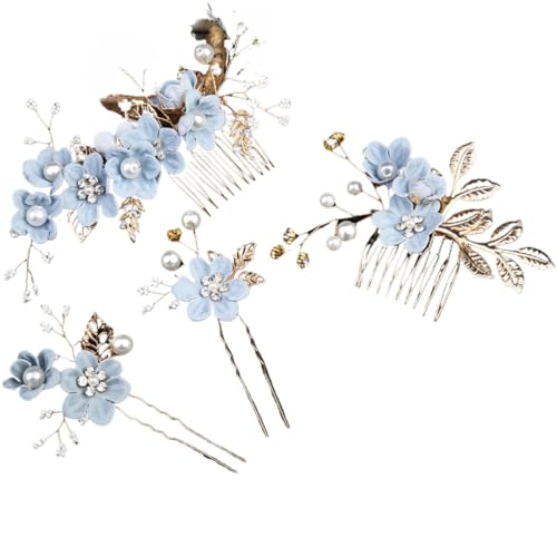 VIEWLEAF Handgefertigte Brautkrone Haarnadeln Gold Blätter für Hochzeitsfrisuren und Brautstyling (4 -Stück -Set,Blau) von VIEWLEAF