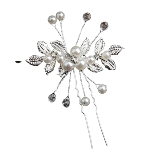VIEWLEAF Hochwertige Braut-Haarnadeln: U-förmige Haarnadeln mit goldenem Blatt und Perlen Anstecker als edle Kopfbedeckung für die Hochzeit (Silber) von VIEWLEAF