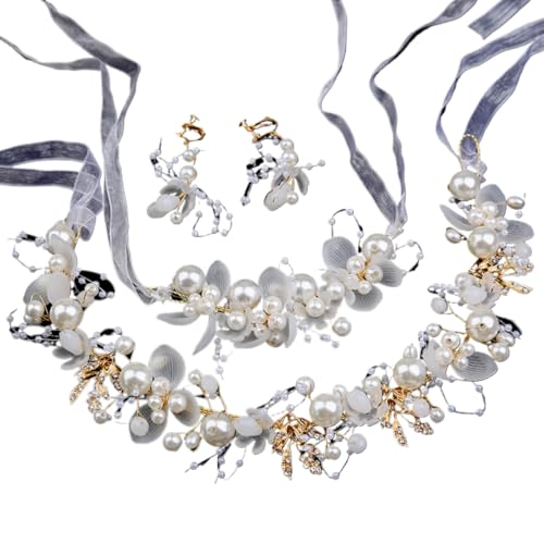 VIEWLEAF Kristallbraut Haarkamm - Handgefertigte Haarspangen für Braut und Hochzeit (Weiß,Haarband+Armband+Ohrringe) von VIEWLEAF