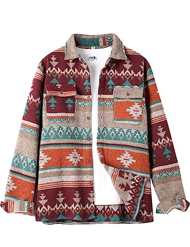 VIEWON Herren Casual Print Button-Down Woll-Langarm-Leichtjacke mit Kragen, Western Shacket Jacke Mantel, Dunkelrot, L von VIEWON