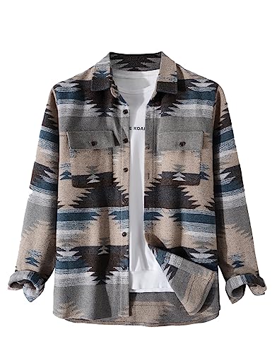 VIEWON Herren Casual Print Button-Down Woll-Langarm-Leichtjacke mit Kragen, Western Shacket Jacke Mantel, Blau, Groß von VIEWON