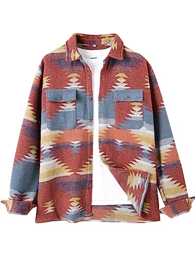 VIEWON Herren Casual Print Button-Down Woll-Langarm-Leichtjacke mit Kragen, Western Shacket Jacke Mantel, gelb, L von VIEWON