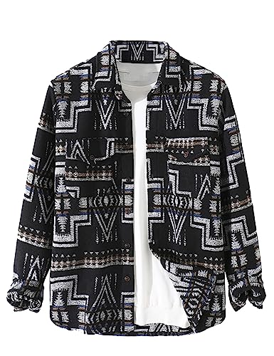 VIEWON Herren Casual Print Button-Down Woll-Langarm-Leichtjacke mit Kragen, Western Shacket Jacke Mantel, Schwarz, L von VIEWON