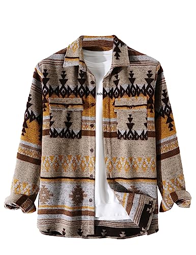 VIEWON Herren Casual Print Button-Down Woll-Langarm-Leichtjacke mit Kragen, Western Shacket Jacke Mantel, Khaki, XXL von VIEWON
