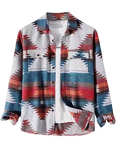 VIEWON Herren Casual Aztekenmuster Button Down Wolle Langarm Leicht Revers Western Shacket Jacke Mantel, rot, XX-Large von VIEWON