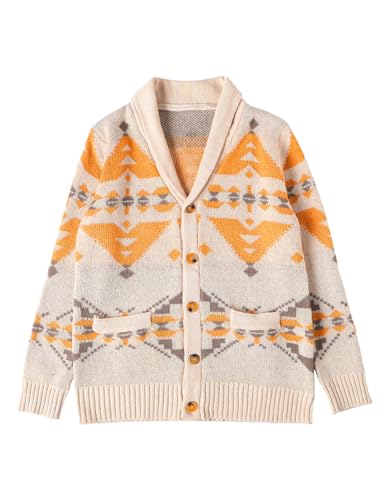 VIEWON Herren Casual Tribal Aztec Print Western Ethnic Vintage Revers Strick Warm Langarm Cardigan Sweater Jacke Mantel, Hellkhaki, Mittel von VIEWON