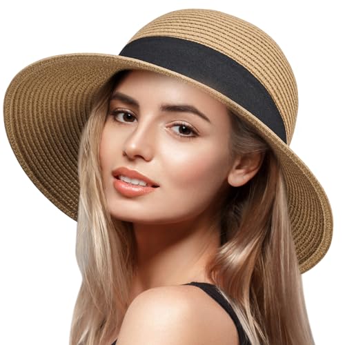 VIFUUR Damen Strohhüte Breiter Rand Sommervisier Strand Sonnenhut Verpackbare UPF UV Faltbare Reise Brown L von VIFUUR