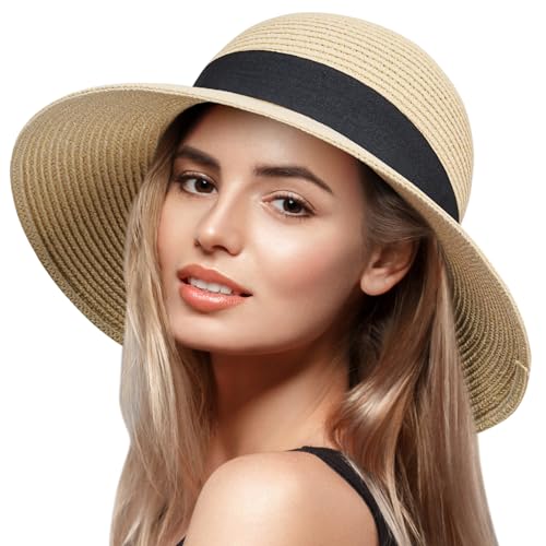 VIFUUR Damen Strohhüte Breiter Rand Sommervisier Strand Sonnenhut Verpackbare UPF UV Faltbare Reise Khaki M von VIFUUR