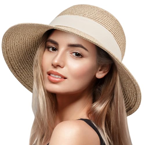 VIFUUR Damen Strohhüte Breiter Rand Sommervisier Strand Sonnenhut Verpackbare UPF UV Faltbare Reise Mix Beige/White L von VIFUUR