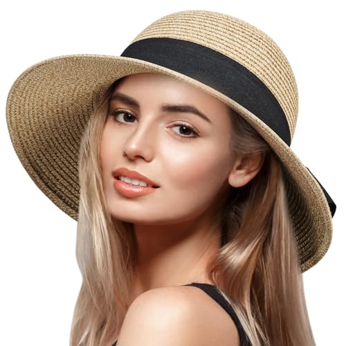 VIFUUR Damen Strohhüte Breiter Rand Sommervisier Strand Sonnenhut Verpackbare UPF UV Faltbare Reise Mix Khaki M von VIFUUR