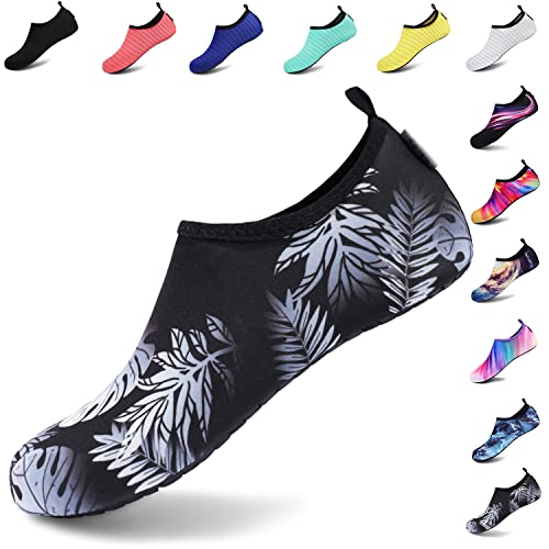 VIFUUR Unisex Aqua Schuhe Schnelltrockend Wasserschuhe Breathable Schwimmschuhe for Damen Herren SchwarzesBlatt 36/37 EU von VIFUUR