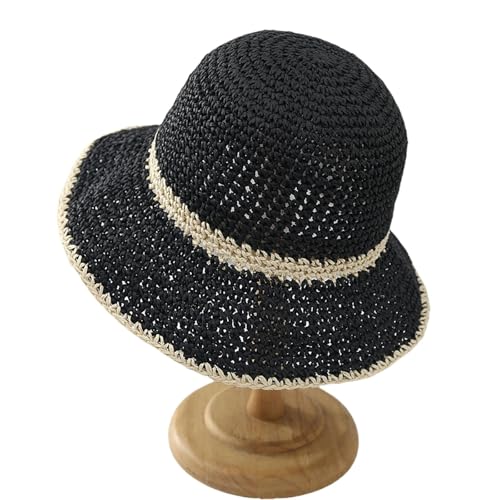 VIGSNTEP Stroh Sommerhut Weitkrempe Strohhalm Hut Sommer Faltbarer Strandhut Anti-Ultraviolette Reisen Weicher Krempe Hut-Schwarzer Reisnadel-Durchschnittlicher Code von VIGSNTEP