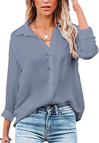 Damen Bluse Elegant V-Ausschnitt Hemd Langarm Arbeit Oberteile Casual Tunika Shirt Lose Langarmshirt Tops (Grau,S) von VIGVAN