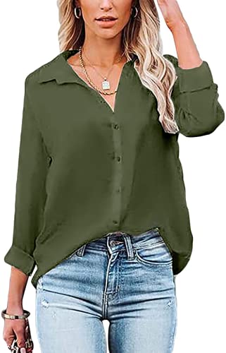 VIGVAN Damen Bluse Elegant V-Ausschnitt Hemd Langarm Arbeit Oberteile Casual Tunika Shirt Lose Langarmshirt Tops (Grün,L) von VIGVAN