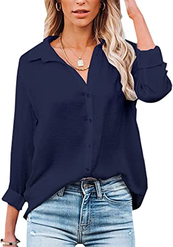 Damen Bluse Elegant V-Ausschnitt Hemd Langarm Arbeit Oberteile Casual Tunika Shirt Lose Langarmshirt Tops (Navy blau,L) von VIGVAN