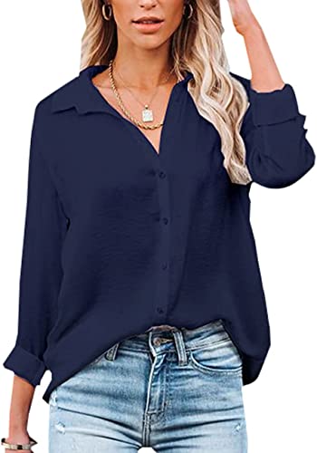 Damen Bluse Elegant V-Ausschnitt Hemd Langarm Arbeit Oberteile Casual Tunika Shirt Lose Langarmshirt Tops (Navy blau,M) von VIGVAN