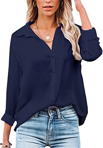 VIGVAN Damen Bluse Elegant V-Ausschnitt Hemd Langarm Arbeit Oberteile Casual Tunika Shirt Lose Langarmshirt Tops (Navy blau,XXL) von VIGVAN