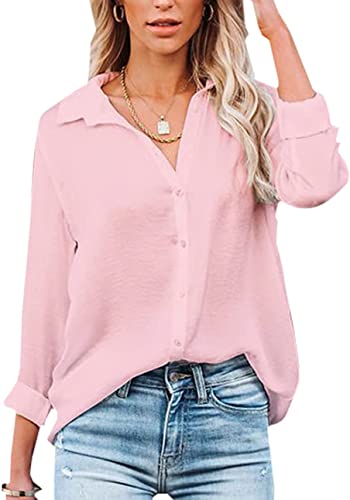 Damen Bluse Elegant V-Ausschnitt Hemd Langarm Arbeit Oberteile Casual Tunika Shirt Lose Langarmshirt Tops (Rosa,M) von VIGVAN