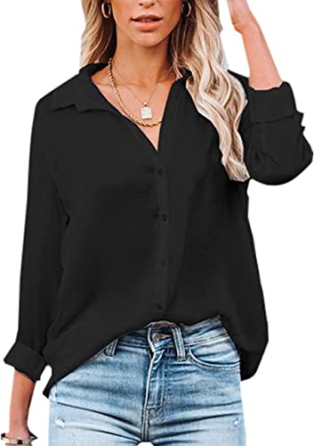 Damen Bluse Elegant V-Ausschnitt Hemd Langarm Arbeit Oberteile Casual Tunika Shirt Lose Langarmshirt Tops (Schwarz,L) von VIGVAN