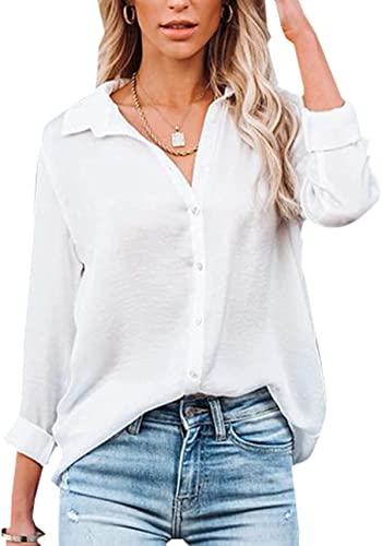 Damen Bluse Elegant V-Ausschnitt Hemd Langarm Arbeit Oberteile Casual Tunika Shirt Lose Langarmshirt Tops (Weiß,L) von VIGVAN
