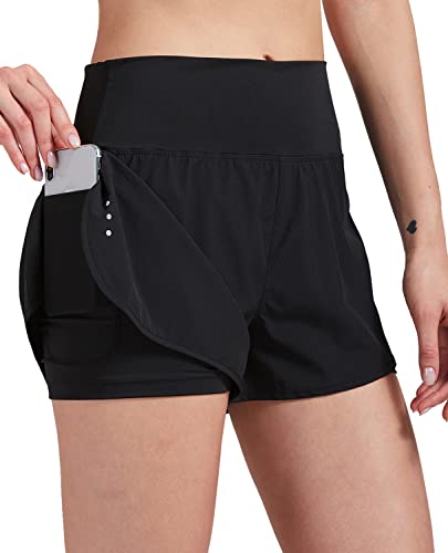 VIGVAN 2 in 1 Laufhose Damen Sport Shorts Sommer Kurze Hose Schnell Trocknend Fitness Shorts Yoga Shorts Gym Jogging Training Sporthose für Damen mit Taschen (BK, M) von VIGVAN