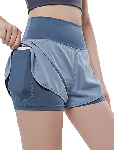 VIGVAN 2 in 1 Laufhose Damen Sport Shorts Sommer Kurze Hose Schnell Trocknend Fitness Shorts Yoga Shorts Gym Jogging Training Sporthose für Damen mit Taschen (GY, L) von VIGVAN