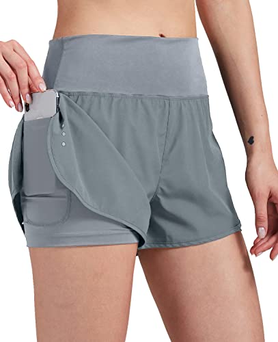 VIGVAN 2 in 1 Laufhose Damen Sport Shorts Sommer Kurze Hose Schnell Trocknend Fitness Shorts Yoga Shorts Gym Jogging Training Sporthose für Damen mit Taschen (GY, L-1) von VIGVAN