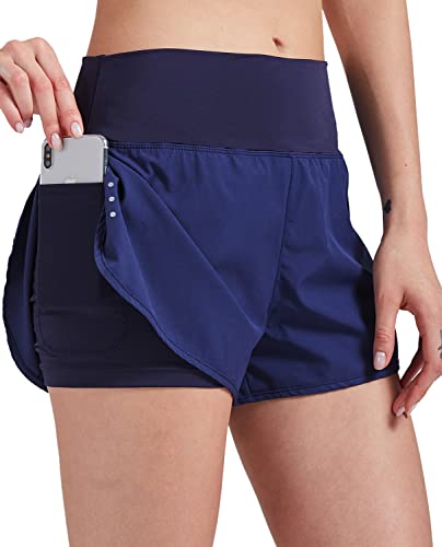 VIGVAN 2 in 1 Laufhose Damen Sport Shorts Sommer Kurze Hose Schnell Trocknend Fitness Shorts Yoga Shorts Gym Jogging Training Sporthose für Damen mit Taschen (NV, L) von VIGVAN