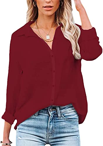 VIGVAN Damen Bluse Elegant V-Ausschnitt Hemd Langarm Arbeit Oberteile Casual Tunika Shirt Lose Langarmshirt Tops(Weinrot,S) von VIGVAN