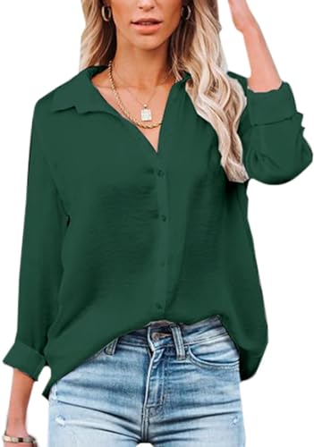 VIGVAN Damen Bluse Elegant V-Ausschnitt Hemd Langarm Arbeit Oberteile Casual Tunika Shirt Lose Langarmshirt Tops (Dunkelgrün,S) von VIGVAN