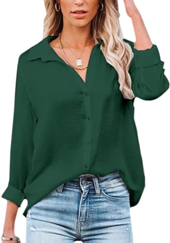Damen Bluse Elegant V-Ausschnitt Hemd Langarm Arbeit Oberteile Casual Tunika Shirt Lose Langarmshirt Tops (Dunkelgrün,S) von VIGVAN