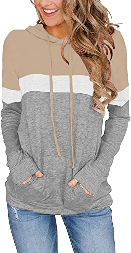 VIGVAN Damen Hoodie Farbblock Kapuzenpullover Casual Pullover Sweatshirt Gestreifte Langarmshirt Kordelzug Oberteile mit Taschen (L, Khaki) von VIGVAN