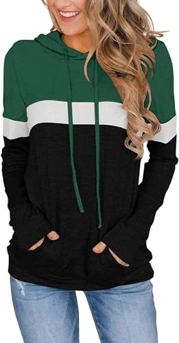 VIGVAN Damen Hoodie Farbblock Kapuzenpullover Casual Pullover Sweatshirt Gestreifte Langarmshirt Kordelzug Oberteile mit Taschen (M, Dunkelgrün) von VIGVAN