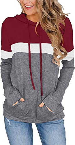 VIGVAN Damen Hoodie Farbblock Kapuzenpullover Casual Pullover Sweatshirt Gestreifte Langarmshirt Kordelzug Oberteile mit Taschen (M, Weinrot) von VIGVAN