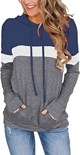 VIGVAN Damen Hoodie Farbblock Kapuzenpullover Casual Pullover Sweatshirt Gestreifte Langarmshirt Kordelzug Oberteile mit Taschen (S, Blau) von VIGVAN