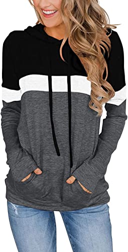 VIGVAN Damen Hoodie Farbblock Kapuzenpullover Casual Pullover Sweatshirt Gestreifte Langarmshirt Kordelzug Oberteile mit Taschen (S, Schwarz) von VIGVAN