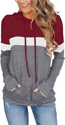 VIGVAN Damen Hoodie Farbblock Kapuzenpullover Casual Pullover Sweatshirt Gestreifte Langarmshirt Kordelzug Oberteile mit Taschen (XL, Weinrot-1) von VIGVAN