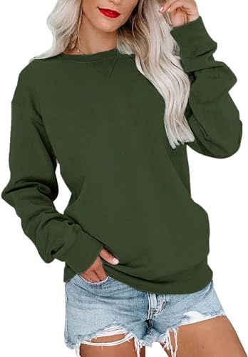 VIGVAN Damen Sweatshirt Pullover Elegant Basic Langarmshirt Rundhals Baumwolle Pulli Herbst Winter Casual Oberteile Langarm Tops (Armeegrün, L) von VIGVAN