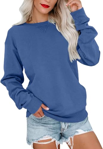 VIGVAN Damen Sweatshirt Pullover Elegant Basic Langarmshirt Rundhals Baumwolle Pulli Herbst Winter Casual Oberteile Langarm Tops (Blau, XL) von VIGVAN