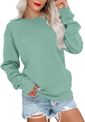 VIGVAN Damen Sweatshirt Pullover Elegant Basic Langarmshirt Rundhals Baumwolle Pulli Herbst Winter Casual Oberteile Langarm Tops (Grün, L) von VIGVAN