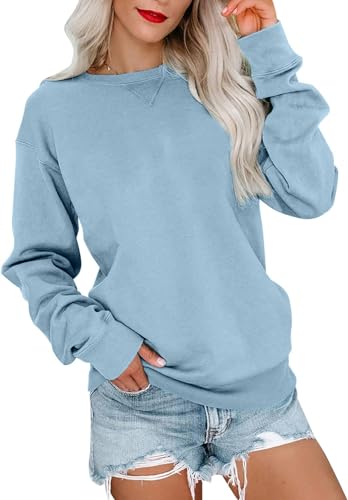 VIGVAN Damen Sweatshirt Pullover Elegant Basic Langarmshirt Rundhals Baumwolle Pulli Herbst Winter Casual Oberteile Langarm Tops (Hellblau-1, L) von VIGVAN