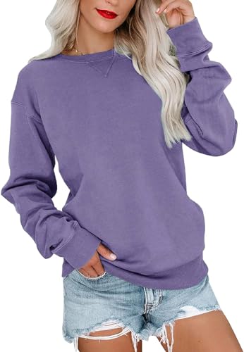 VIGVAN Damen Sweatshirt Pullover Elegant Basic Langarmshirt Rundhals Baumwolle Pulli Herbst Winter Casual Oberteile Langarm Tops (Lila, L) von VIGVAN