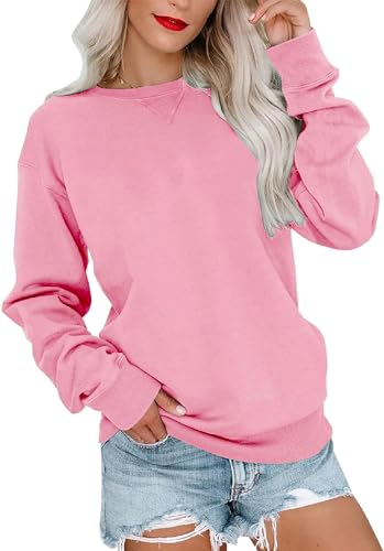 VIGVAN Damen Sweatshirt Pullover Elegant Basic Langarmshirt Rundhals Baumwolle Pulli Herbst Winter Casual Oberteile Langarm Tops (Rosa, L) von VIGVAN