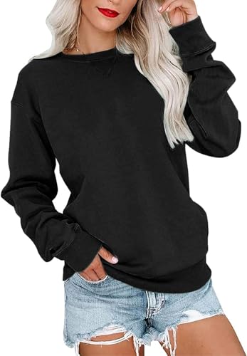 VIGVAN Damen Sweatshirt Pullover Elegant Basic Langarmshirt Rundhals Baumwolle Pulli Herbst Winter Casual Oberteile Langarm Tops (Schwarz-1, XL) von VIGVAN