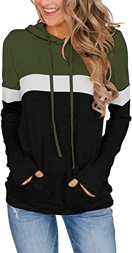 VIGVAN Hoodie Damen Sweatshirt Rundhals Farbblock Kapuzenpullover Streetwear Casual Pullover Langarmshirt Elegant Oberteile mit Taschen（XXL,Grün von VIGVAN