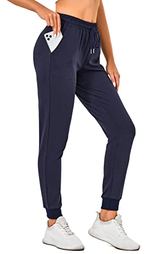 VIGVAN Jogginghose Damen Baumwolle Freizeithose Sporthose Lang Laufhosen High Waist Jogger Pants mit Taschen (L, Y-Navy blau) von VIGVAN