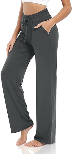 VIGVAN Jogginghose Damen Baumwolle Freizeithose Yogahose Weites Bein Aktive Freizeit Kordelzug Lose Lounge Pants Breites Bein Hausehose Sporthose mit Taschen (Dunkelgrau, L) von VIGVAN