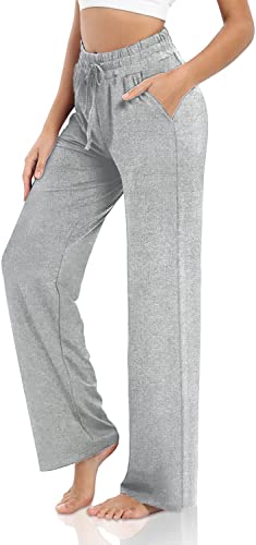 VIGVAN Jogginghose Damen Baumwolle Freizeithose Yogahose Weites Bein Aktive Freizeit Kordelzug Lose Lounge Pants Breites Bein Hausehose Sporthose mit Taschen (Hellgrau, XL) von VIGVAN