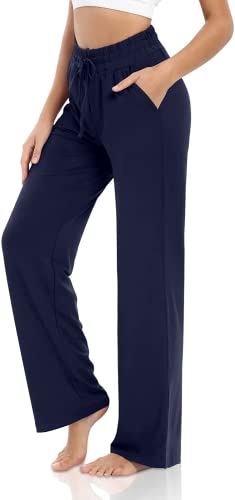 VIGVAN Jogginghose Damen Baumwolle Freizeithose Yogahose Weites Bein Aktive Freizeit Kordelzug Lose Lounge Pants Breites Bein Hausehose Sporthose mit Taschen (Navy blau, M) von VIGVAN