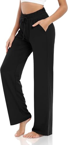 VIGVAN Jogginghose Damen Baumwolle Freizeithose Yogahose Weites Bein Aktive Freizeit Kordelzug Lose Lounge Pants Breites Bein Hausehose Sporthose mit Taschen (Schwarz, XXL) von VIGVAN